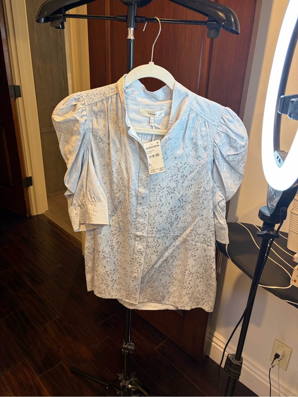 Frame Denim Pale Blue Floral Puff-Sleeve Blouse